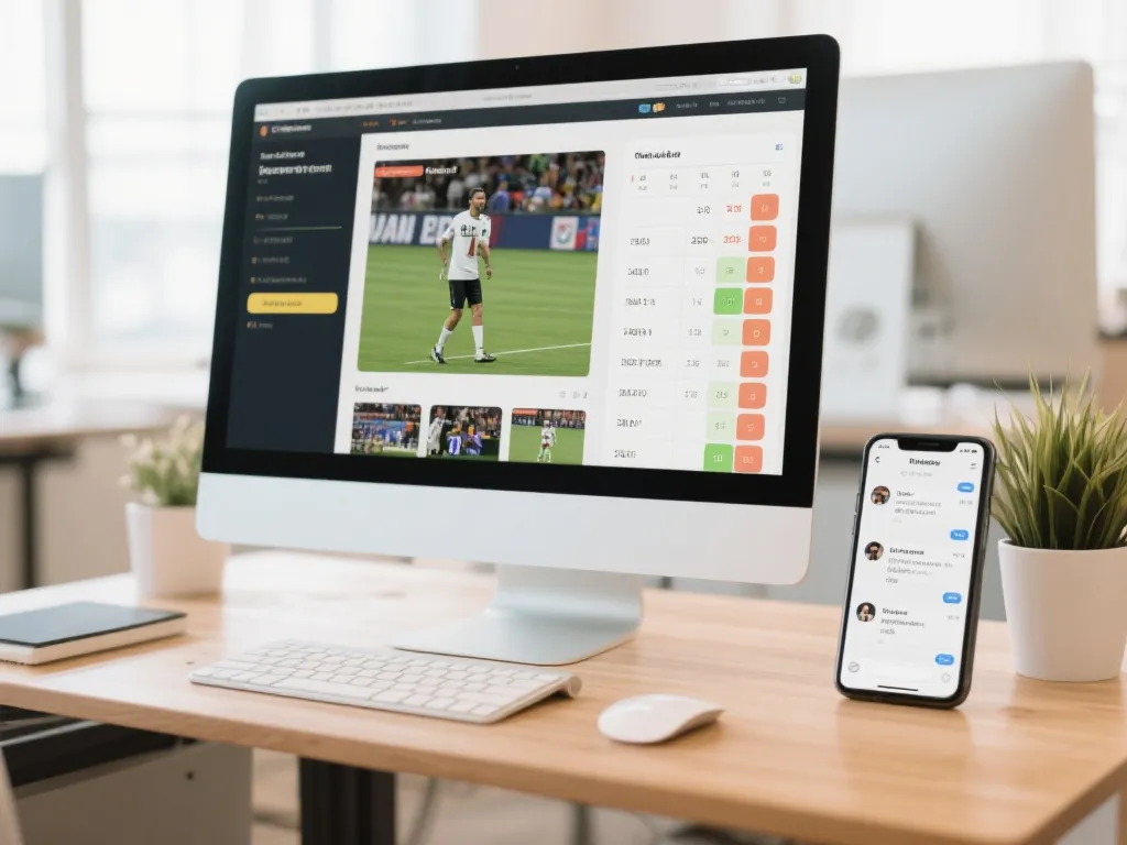 白天的办公桌上，电脑显示比赛集锦，旁边手机弹出赛程提醒与社交媒体讨论，画面强调碎片化补看