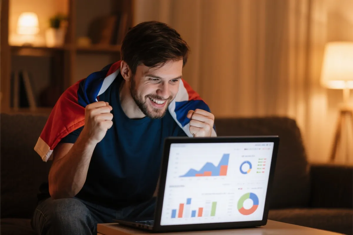 A passionate football fan looking at a laptop showing statistical graphs of a match